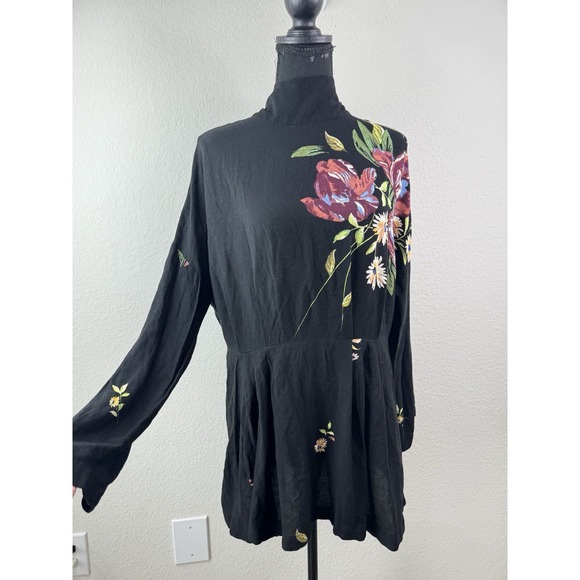 Free People Gemma Black Embroidered Floral Tie Open Back Tunic Mini Dress Sz M - Picture 6 of 8